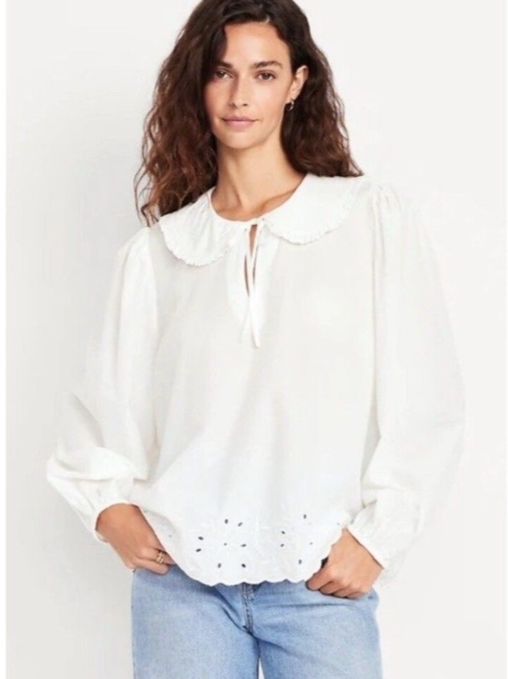 Old Navy XXL Women's White Poet Eyelet Tie-Neck Blouse with Peter Pan Collar
